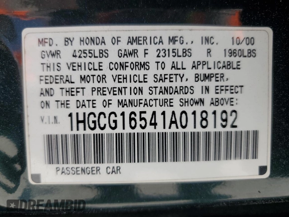 2001 Honda Accord EX z VIN 1HGCG16541A018192, wystawiony jako Copart lot #57105765 z przebiegiem 173 270 mil mil oraz Szkoda całkowita • Salvage title. Historia ofert i sprzedaży dostępna na DreamBid. Obrazek 12.