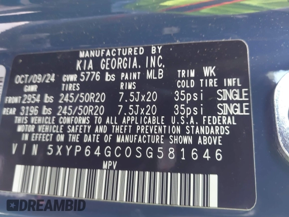 2025 Kia Telluride S with VIN 5XYP64GC0SG581646, listed as a IAAI auction lot 42063284 with 12,561 mi miles and . Bid and sale history available at DreamBid. Image 9.