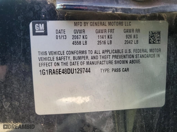 2013 Chevrolet Volt with VIN 1G1RA6E48DU129744, listed as a Copart auction lot 52030295 with 0 mi miles and Clean Title. Bid and sale history available at carsss.com. Image 12.