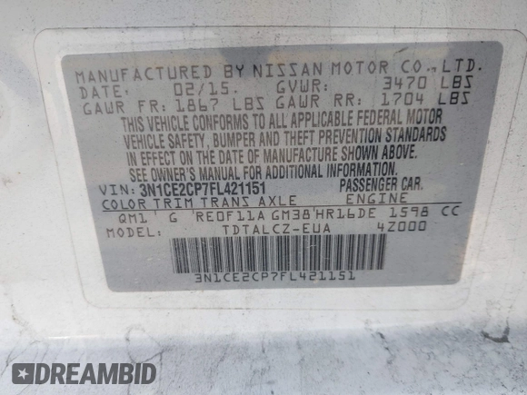 2015 Nissan Note SV with VIN 3N1CE2CP7FL421151, listed as a IAAI auction lot 41969163 with 120,745 mi miles and . Bid and sale history available at DreamBid. Image 9.