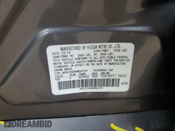 2019 Infiniti Q50 Luxe with VIN JN1EV7AR9KM591571, listed as a Copart auction lot 61782675 with 38,544 mi miles and Salvage title. Bid and sale history available at DreamBid. Image 12.