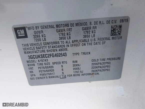 2015 Chevrolet Silverado 1500 LTZ with VIN 3GCUKSEC2FG492643, listed as a IAAI auction lot 41668758 with 56,341 mi miles. Bid and sale history available at carsss.com. Image 9.