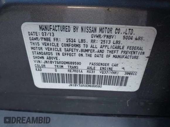 2014 Infiniti Q50 Sport with VIN JN1BV7AR0EM689590, listed as a IAAI auction lot 41766451 with Not Provided miles and . Bid and sale history available at DreamBid. Image 9.