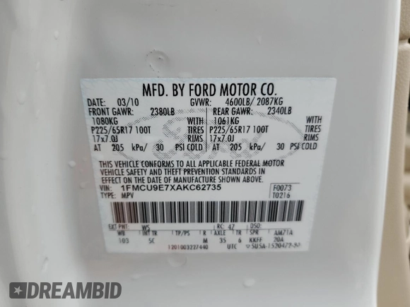 2010 Ford Escape Limited with VIN 1FMCU9E7XAKC62735, listed as a Copart auction lot 49845135 with 109,552 mi miles and Clean title. Bid and sale history available at DreamBid. Image 13.