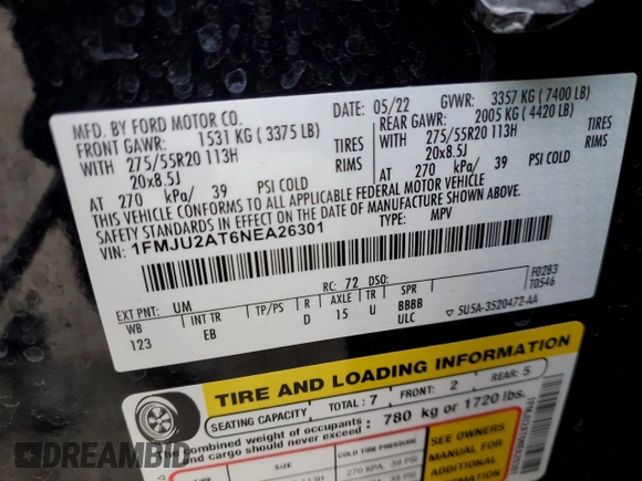 2022 Ford Expedition Limited z VIN 1FMJU2AT6NEA26301, wystawiony jako Copart lot #48721835 z przebiegiem 66 147 mil mil oraz Szkoda całkowita • Salvage title. Historia ofert i sprzedaży dostępna na DreamBid. Obrazek 15.