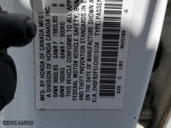 2012 Honda Civic Sdn LX with VIN 2HGFB2F51CH315104, listed as a Copart auction lot 53058015 with 157,617 mi miles and Salvage Title. Bid and sale history available at carsss.com. Image 14.