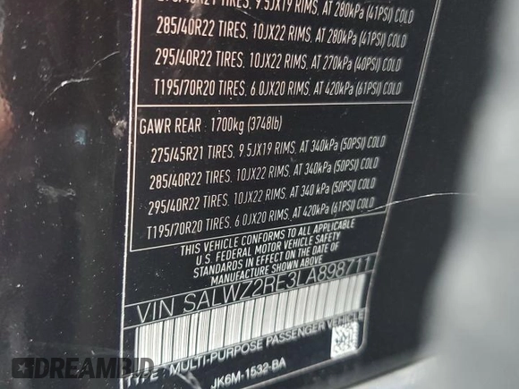 2020 Land Rover Range Rover Sport SVR with VIN SALWZ2RE3LA898711, listed as a Copart auction lot 73490674 with 29,180 mi miles and Non Repairable. Bid and sale history available at carsss.com. Image 13.