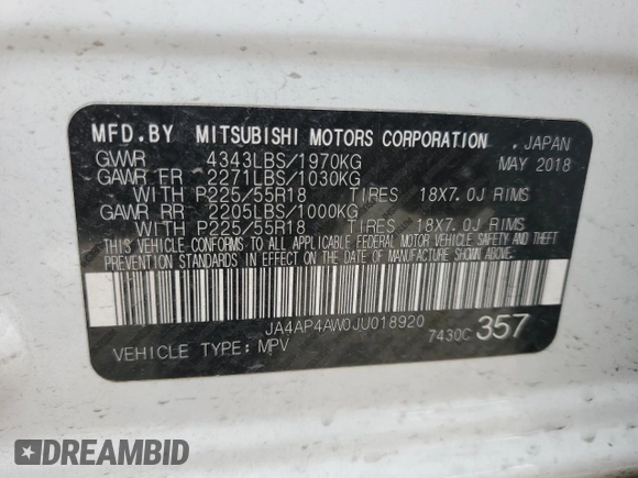 2018 Mitsubishi Outlander SEL z VIN JA4AP4AW0JU018920, wystawiony jako Copart lot #54894785 z przebiegiem 77 827 mil mil oraz Szkoda całkowita • Salvage title. Historia ofert i sprzedaży dostępna na DreamBid. Obrazek 12.