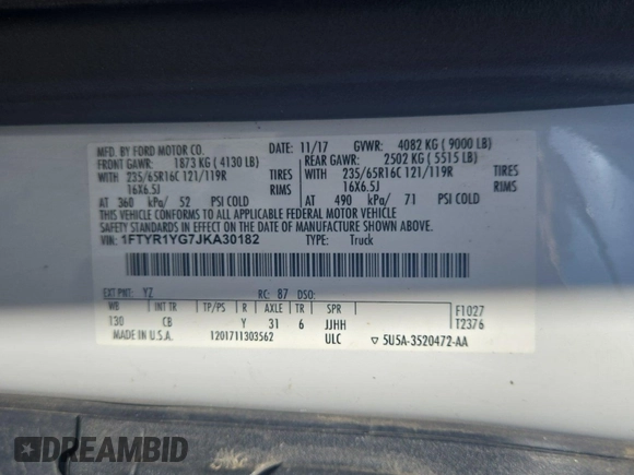 2018 Ford Transit с VIN 1FTYR1YG7JKA30182, выставлен на аукционе IAAI как лот 42774231 с пробегом 103 209 миль миль и . История ставок и продаж доступна на DreamBid. Изображение 13.