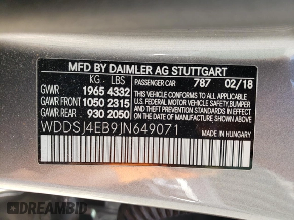 2018 Mercedes-Benz CLA 250 with VIN WDDSJ4EB9JN649071, listed as a Copart auction lot 62972653 with 62,954 mi miles and . Bid and sale history available at DreamBid. Image 13.