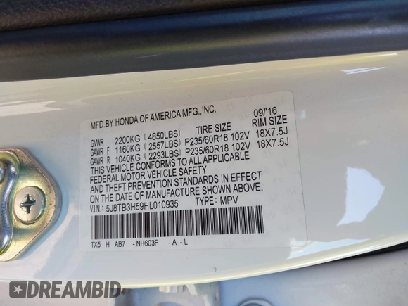 2017 Acura RDX w/Technology Pkg with VIN 5J8TB3H59HL010935, listed as a IAAI auction lot 41580699 with 1 mi miles. Bid and sale history available at carsss.com. Image 9.