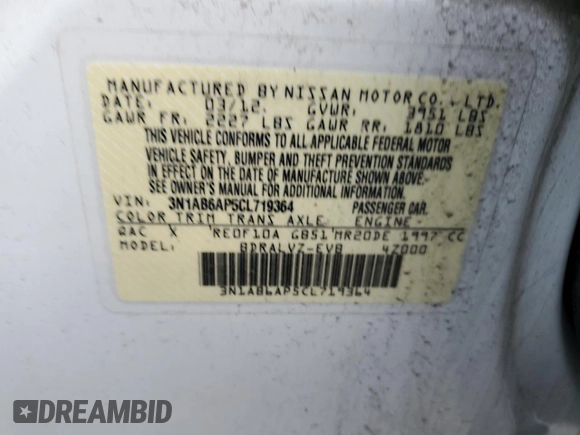 2012 Nissan Sentra SR with VIN 3N1AB6AP5CL719364, listed as a Copart auction lot 60800295 with Not provided miles and Salvage title. Bid and sale history available at DreamBid. Image 12.