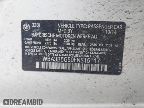 2015 BMW 3 Series 328i xDrive with VIN WBA3B5G50FNS15117, listed as a IAAI auction lot 41843496 with 144,613 mi miles. Bid and sale history available at carsss.com. Image 9.