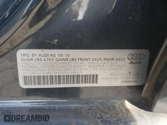 2011 Audi A4 Premium Plus z VIN WAUEFAFL3BN001027, wystawiony jako Copart lot #43606815 z przebiegiem Nie podano mil oraz Nie do naprawy • Non repairable. Historia ofert i sprzedaży dostępna na DreamBid. Obrazek 12.