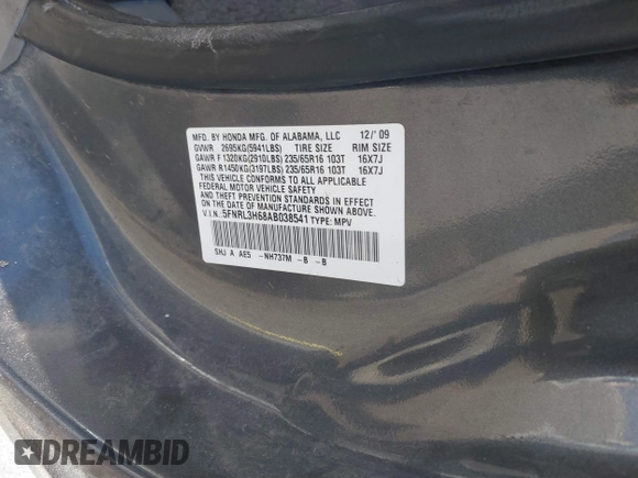 2010 Honda Odyssey EX-L with VIN 5FNRL3H68AB038541, listed as a IAAI auction lot 41813473 with 206,914 mi miles. Bid and sale history available at carsss.com. Image 9.