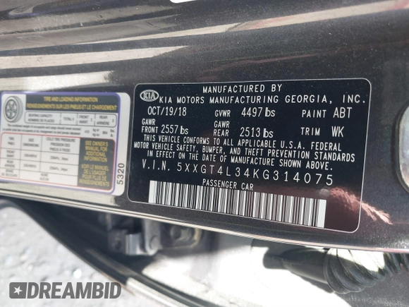 2019 Kia Optima LX with VIN 5XXGT4L34KG314075, listed as a IAAI auction lot 41656527 with 72,131 mi miles. Bid and sale history available at carsss.com. Image 9.