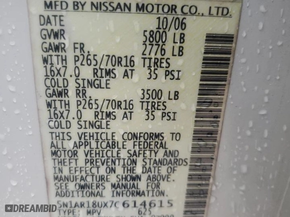 2007 Nissan Pathfinder S with VIN 5N1AR18UX7C614615, listed as a Copart auction lot 44821335 with 205,309 mi miles and Salvage Title. Bid and sale history available at carsss.com. Image 13.