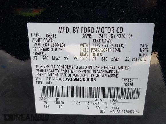2016 Ford Edge SEL z VIN 2FMPK3J93GBC09096, wystawiony jako IAAI lot #42176914 z przebiegiem 115 369 mil mil oraz . Historia ofert i sprzedaży dostępna na DreamBid. Obrazek 9.