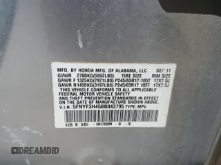 2011 Honda Pilot EX with VIN 5FNYF3H45BB043795, listed as a Copart auction lot 52303585 with 247,582 mi miles and Salvage Title. Bid and sale history available at carsss.com. Image 12.