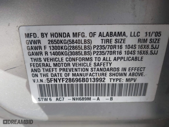 2006 Honda Pilot EX-L with RES with VIN 5FNYF28696B013992, listed as a IAAI auction lot 41853969 with 258,069 mi miles. Bid and sale history available at carsss.com. Image 9.