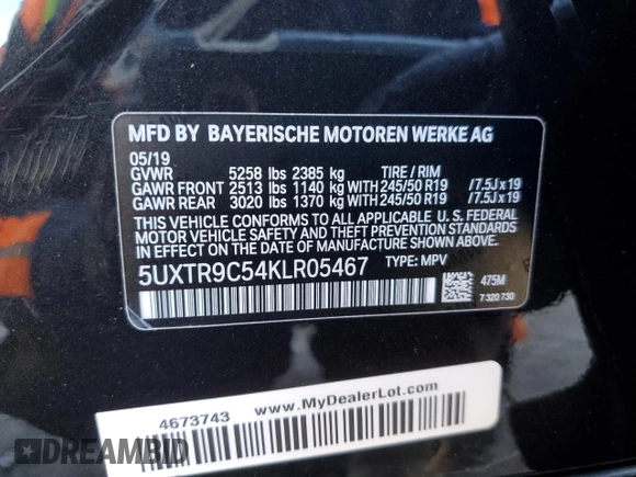 2019 BMW X3 xDrive30i with VIN 5UXTR9C54KLR05467, listed as a Copart auction lot 52189765 with Not Provided miles and Salvage Title. Bid and sale history available at DreamBid. Image 13.
