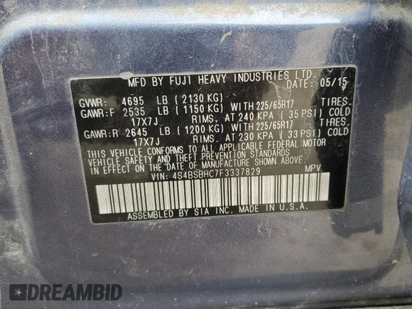2015 Subaru Outback Premium with VIN 4S4BSBHC7F3337829, listed as a Copart auction lot 57609355 with 126,647 mi miles and Clean title. Bid and sale history available at DreamBid. Image 13.