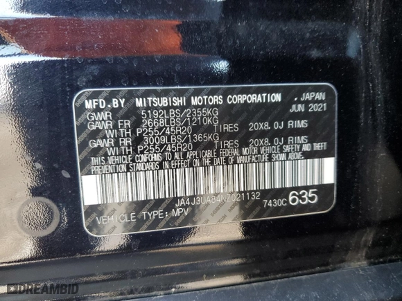 2022 Mitsubishi Outlander SE with VIN JA4J3UA84NZ021132, listed as a Copart auction lot 41891415 with 21,942 mi miles and Salvage Title. Bid and sale history available at carsss.com. Image 13.