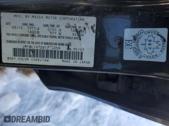 2013 Mazda 3 i Touring z VIN JM1BL1V72D1716359, wystawiony jako Copart lot #86000074 z przebiegiem Nie podano mil oraz Nie do naprawy • Non repairable. Historia ofert i sprzedaży dostępna na DreamBid. Obrazek 12.