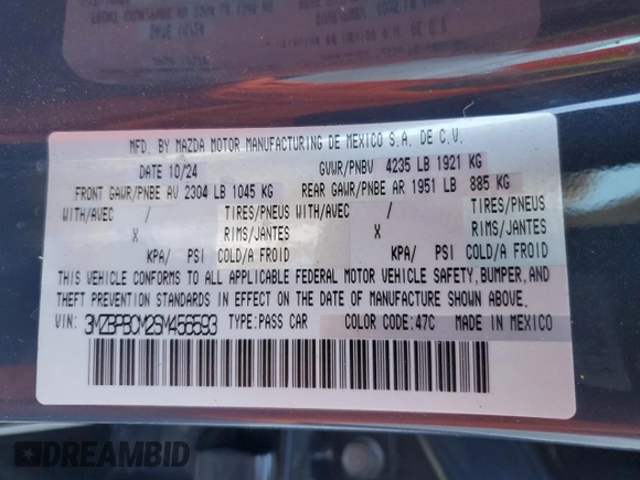 2025 Mazda 3 S Carbon Edition with VIN 3MZBPBCM2SM456593, listed as a Copart auction lot 47301665 with 3,404 mi miles and Clean Title. Bid and sale history available at DreamBid. Image 12.