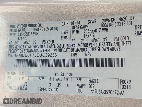 2014 Ford Escape S with VIN 1FMCU0F73EUC39236, listed as a IAAI auction lot 41772126 with 202,044 mi miles. Bid and sale history available at carsss.com. Image 9.