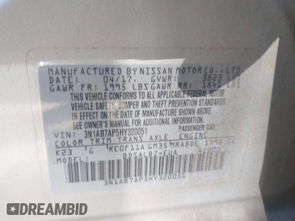 2017 Nissan Sentra S with VIN 3N1AB7AP5HY320051, listed as a IAAI auction lot 42447203 with 121,059 mi miles and . Bid and sale history available at DreamBid. Image 9.