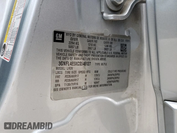 2012 Chevrolet Captiva Sport LTZ with VIN 3GNFL4E5XCS546127, listed as a Copart auction lot 68673063 with 115,859 mi miles and Salvage Title. Bid and sale history available at DreamBid. Image 15.
