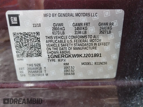 2019 Chevrolet Traverse LT Cloth with VIN 1GNERGKW9KJ201891, listed as a Copart auction lot 58089915 with 71,660 mi miles and Salvage title. Bid and sale history available at DreamBid. Image 13.
