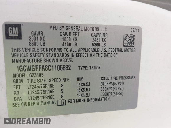 2012 Chevrolet Express Cargo with VIN 1GCWGFFA8C1106882, listed as a IAAI auction lot 42284350 with 227,443 mi miles and . Bid and sale history available at DreamBid. Image 9.