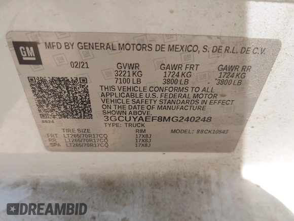 2021 Chevrolet Silverado 1500 Work Truck with VIN 3GCUYAEF8MG240248, listed as a IAAI auction lot 41865344 with 125,595 mi miles and . Bid and sale history available at DreamBid. Image 9.