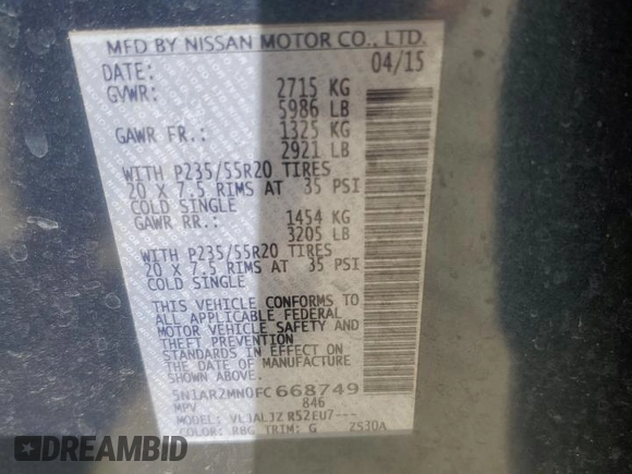 2015 Nissan Pathfinder S with VIN 5N1AR2MN0FC668749, listed as a Copart auction lot 52882495 with 125,061 mi miles and Salvage title. Bid and sale history available at DreamBid. Image 14.