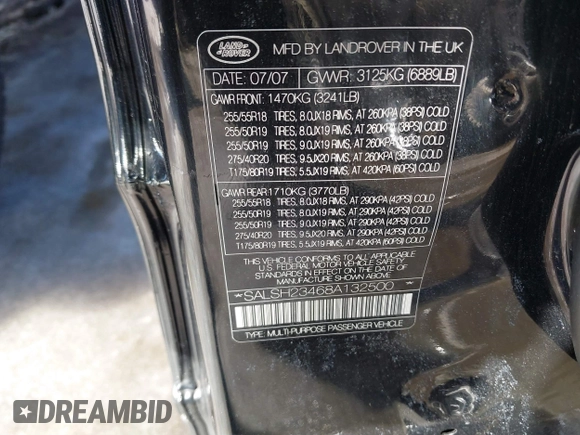 2008 Land Rover Range Rover Sport SC with VIN SALSH23468A132500, listed as a IAAI auction lot 41647907 with 137,073 mi miles. Bid and sale history available at carsss.com. Image 9.