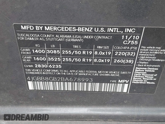 2011 Mercedes-Benz M 350 with VIN 4JGBB8GB2BA678993, listed as a IAAI auction lot 41364654 with 159,465 mi miles and . Bid and sale history available at DreamBid. Image 9.