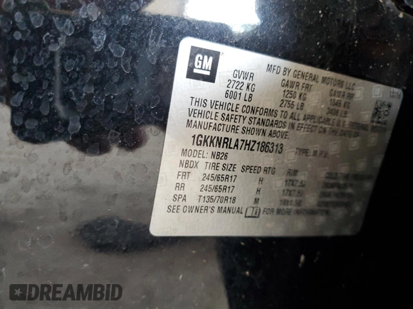 2017 GMC Acadia SLE with VIN 1GKKNRLA7HZ186313, listed as a Copart auction lot 53724775 with 121,864 mi miles and Salvage title. Bid and sale history available at DreamBid. Image 13.