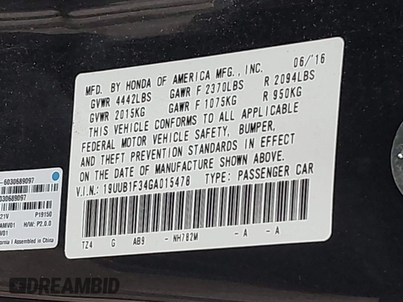 2016 Acura TLX with VIN 19UUB1F34GA015478, listed as a IAAI auction lot 42133924 with 118,251 mi miles and . Bid and sale history available at DreamBid. Image 9.