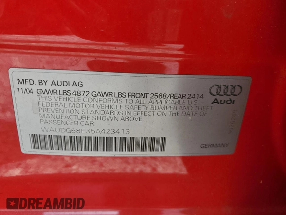 2005 Audi A4 3.2L with VIN WAUDG68E35A423413, listed as a Copart auction lot 72881194 with 154,024 mi miles and Salvage Title. Bid and sale history available at carsss.com. Image 12.