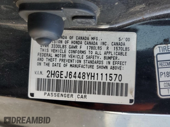 2000 Honda Civic DX z VIN 2HGEJ6448YH111570, wystawiony jako Copart lot #41803775 z przebiegiem 144 925 mil mil oraz Szkoda całkowita • Salvage title. Historia ofert i sprzedaży dostępna na DreamBid. Obrazek 14.