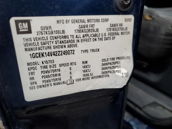 2002 Chevrolet Silverado 1500 LS with VIN 1GCEK14V42Z249072, listed as a Copart auction lot 78186794 with 159,220 mi miles and Salvage Title. Bid and sale history available at carsss.com. Image 12.
