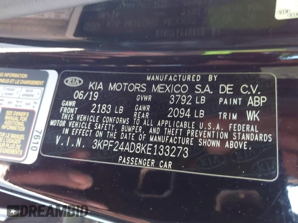 2019 Kia Forte LXS with VIN 3KPF24AD8KE133273, listed as a IAAI auction lot 41816210 with 102,697 mi miles. Bid and sale history available at carsss.com. Image 9.