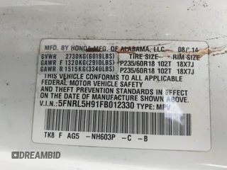2015 Honda Odyssey Touring Elite с VIN 5FNRL5H91FB012330, выставлен на аукционе IAAI как лот 42307107 с пробегом 152 087 миль миль и . История ставок и продаж доступна на DreamBid. Изображение 9.