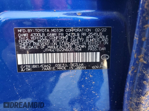 2022 Lexus IS 350 F Sport with VIN JTHGZ1B22N5051954, listed as a Copart auction lot 49489045 with Not provided miles and Salvage title. Bid and sale history available at DreamBid. Image 13.