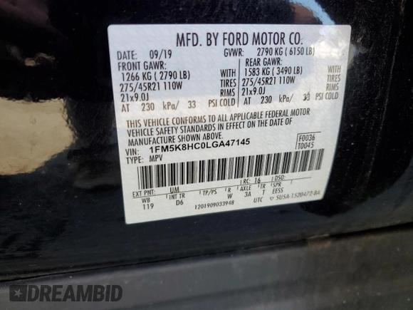 2020 Ford Explorer Platinum z VIN 1FM5K8HC0LGA47145, wystawiony jako Copart lot #59086405 z przebiegiem 79 252 mil mil oraz Szkoda całkowita • Salvage title. Historia ofert i sprzedaży dostępna na DreamBid. Obrazek 13.