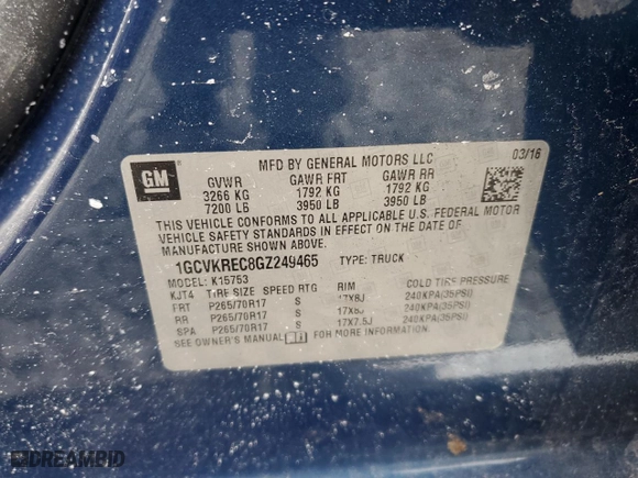 2016 Chevrolet Silverado 1500 LT with VIN 1GCVKREC8GZ249465, listed as a Copart auction lot 45034825 with 0 mi miles and Salvage Title. Bid and sale history available at carsss.com. Image 12.