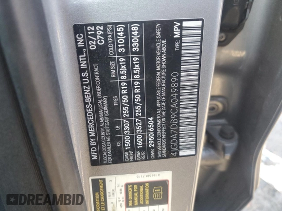 2012 Mercedes-Benz M 550 z VIN 4JGDA7DB9CA049890, wystawiony jako Copart lot #82862974 z przebiegiem 117 355 mil mil oraz Szkoda całkowita • Salvage title. Historia ofert i sprzedaży dostępna na DreamBid. Obrazek 13.