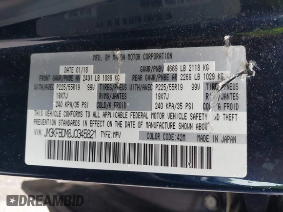 2018 Mazda CX-5 Grand Touring with VIN JM3KFBDM8J0345821, listed as a IAAI auction lot 41789284 with 1 mi miles. Bid and sale history available at carsss.com. Image 9.